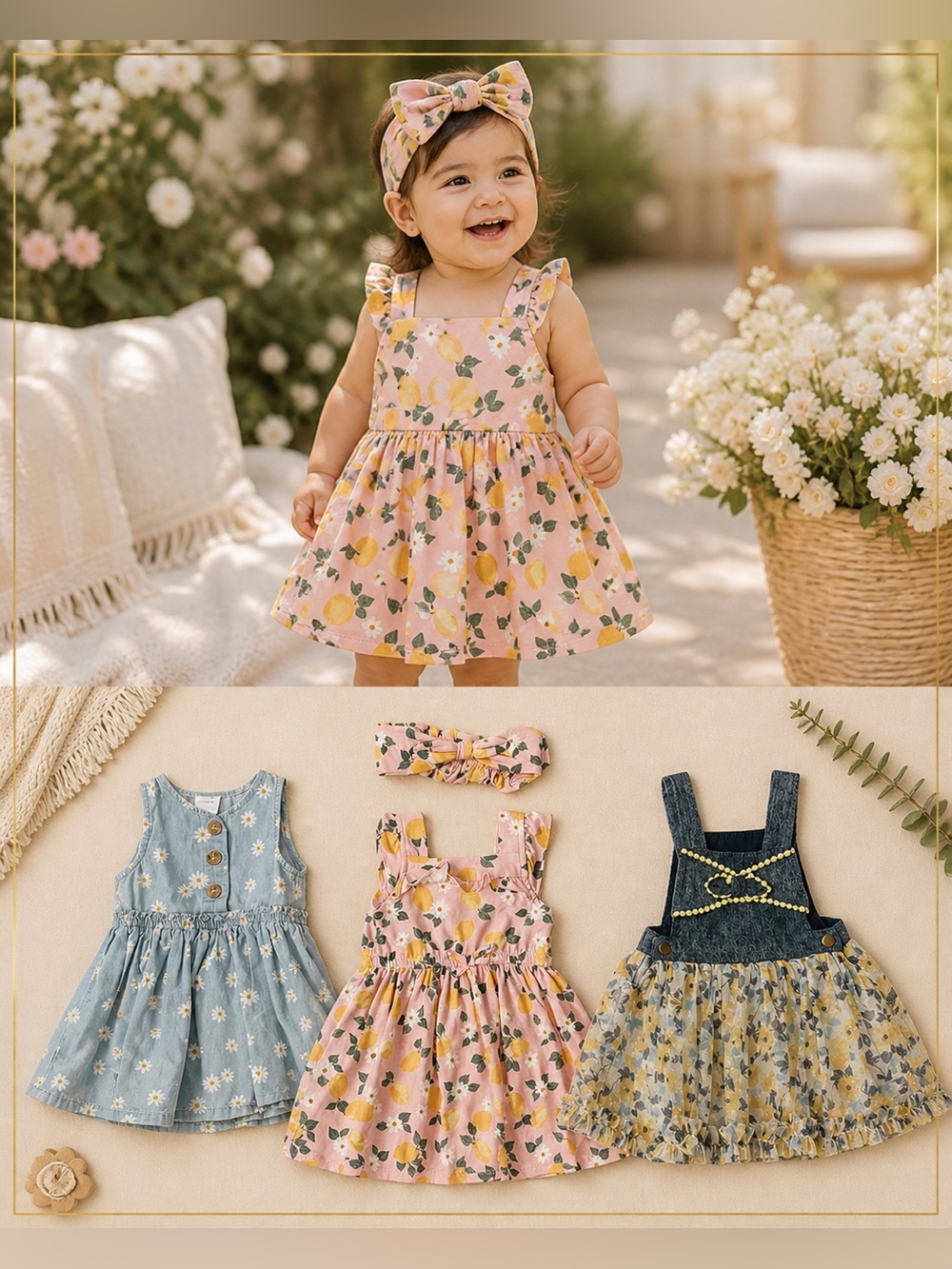 Baby Girl Dress Bundle 12M Boutique Floral Lemon Denim Dresses Summer Set